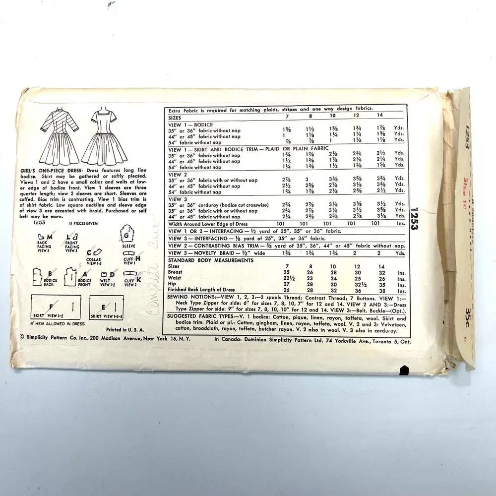 Simplicity Vintage 1950's Pattern #1253 Girls One Piece Dress Size 10‎